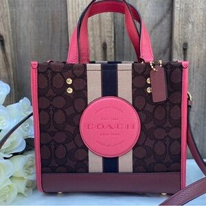 New! Coach Pink and Signature Brown Print Dempsey Tote 22 Women's Bag